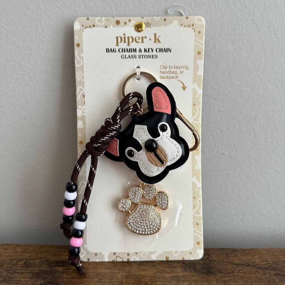New Piper K French Bulldog Bag Charm Key Chain Bedazzled Paw Print Black White